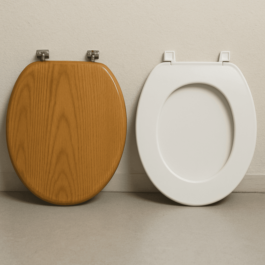 Un siège de WC en bois et un siège de WC en plastique, placés côte à côte pour comparaison