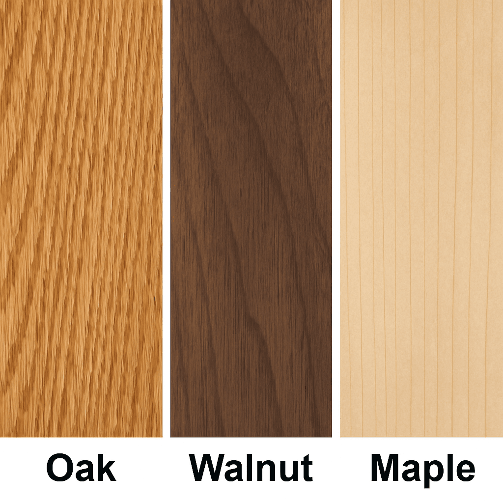 Comparaison des motifs de grain du bois de chêne, de noyer et d'érable