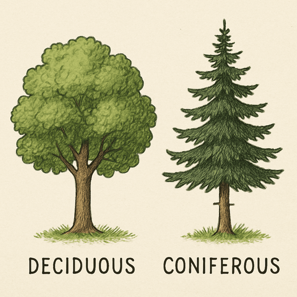 Illustration d'arbres à feuilles caduques et de conifères