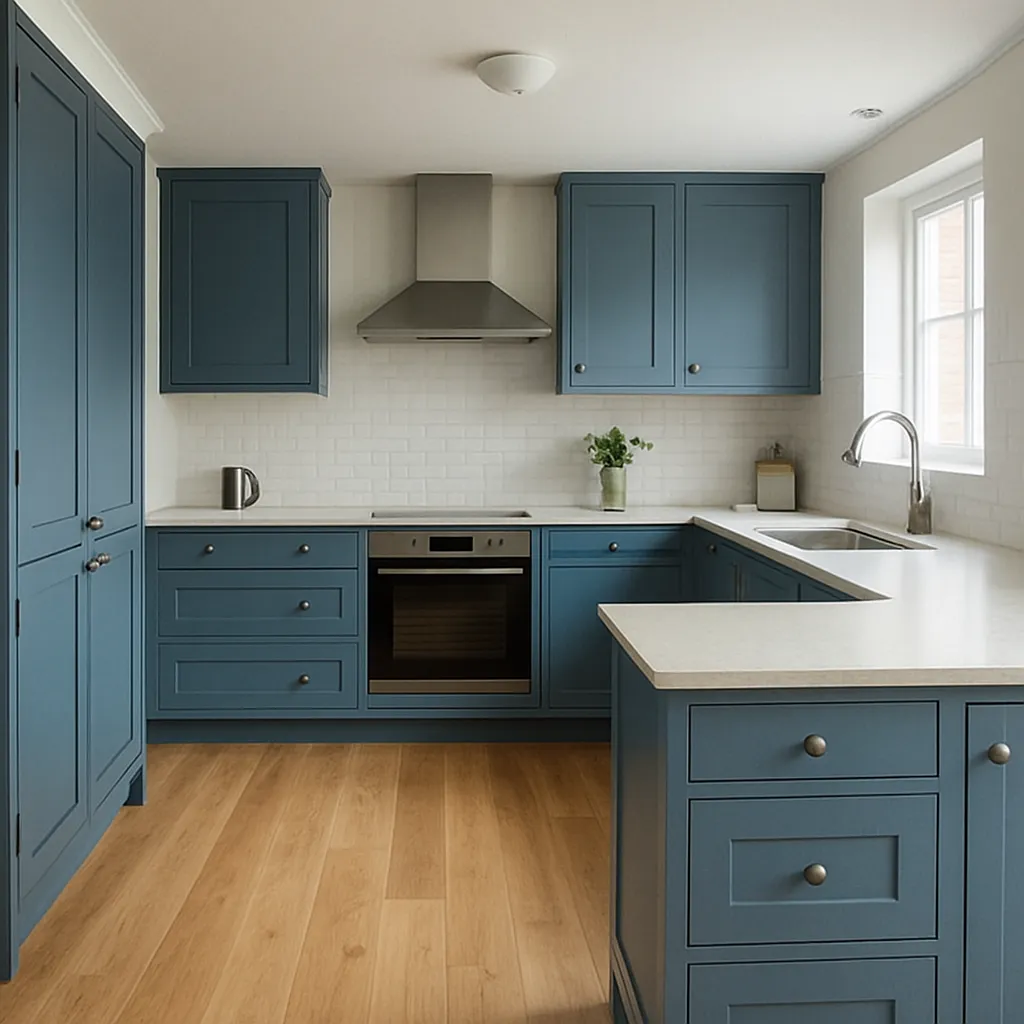 Une cuisine où le parquet en chêne clair contraste magnifiquement avec les meubles de cuisine bleus