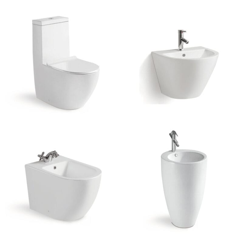 Ensemble de céramique pour salle de bains certifié Saso : WC au sol + lavabo suspendu et bidet, destiné aux projets en Arabie saoudite