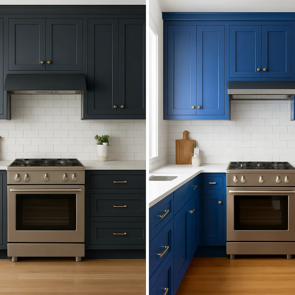 Comparaison côte à côte entre une cuisine bleu marine et une cuisine bleu roi