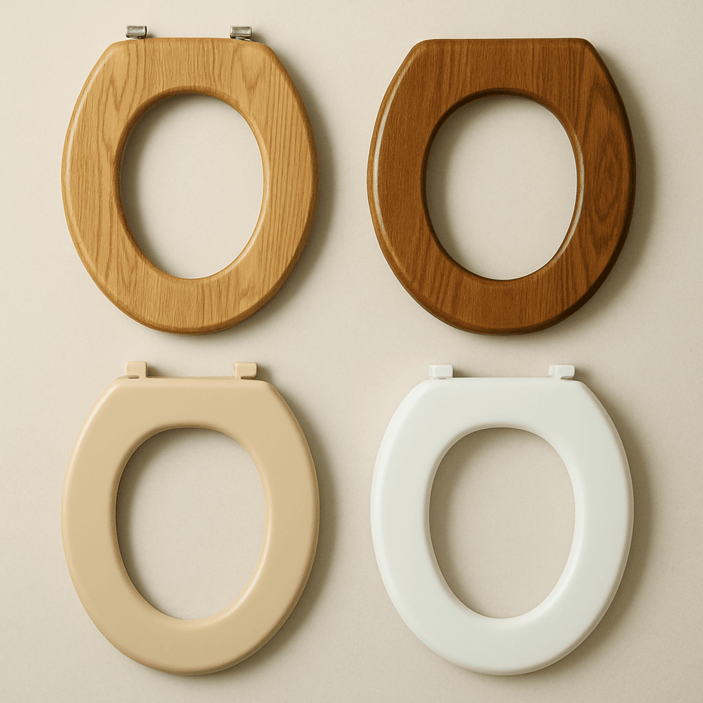 Divers abattants de WC en bois et en plastique, présentant différents styles et aspects