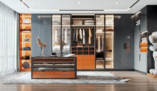 Armoire en laque brillante avec touches de couleur orange.jpg