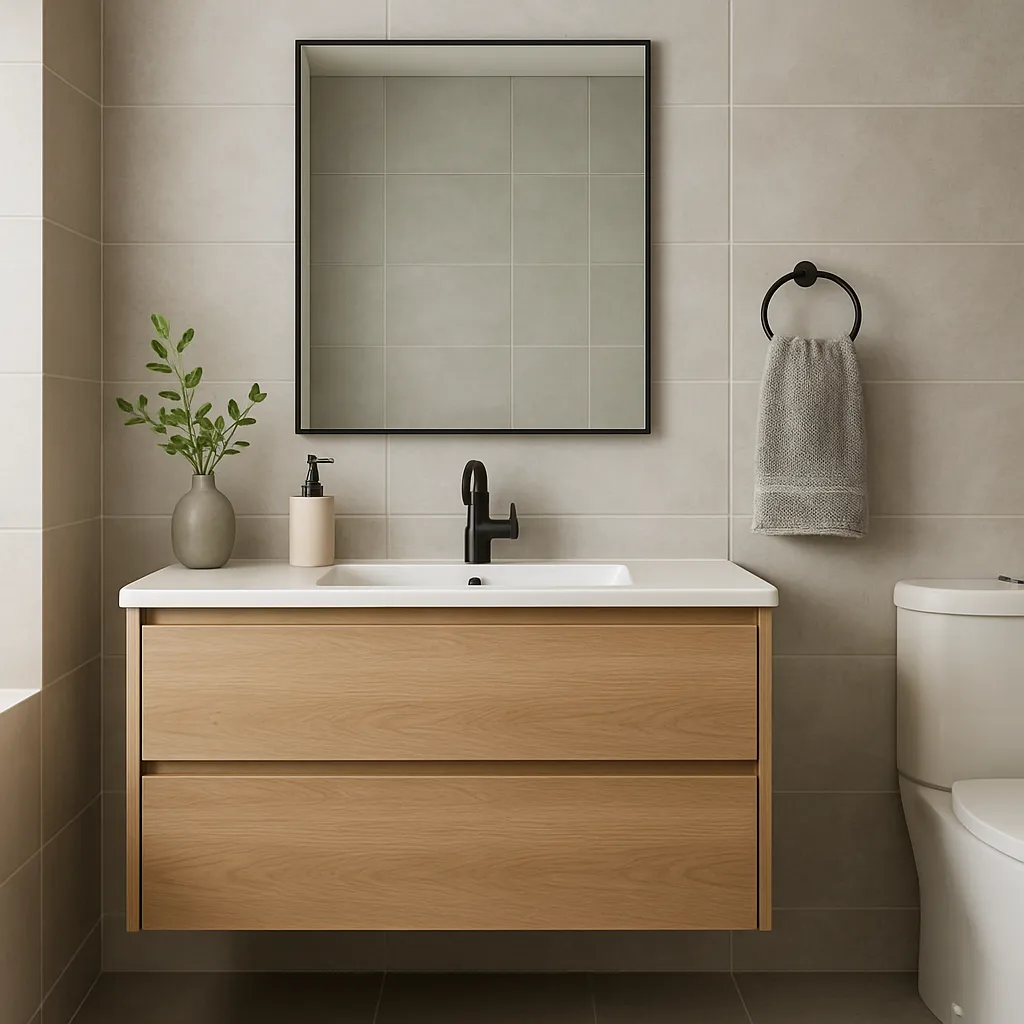 Intérieur de salle de bains moderne mettant en valeur un meuble-lavabo aux lignes épurées