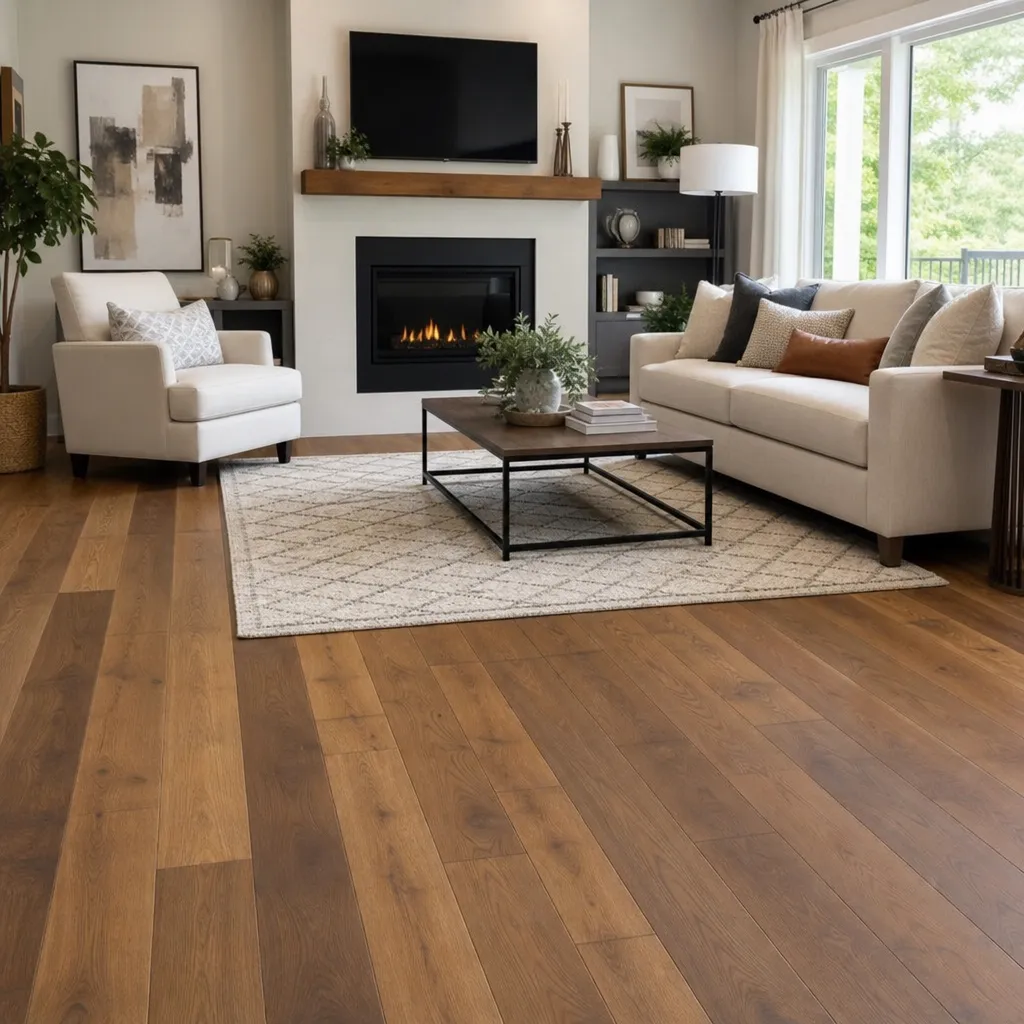 Salon moderne mettant en valeur un magnifique sol imitation parquet