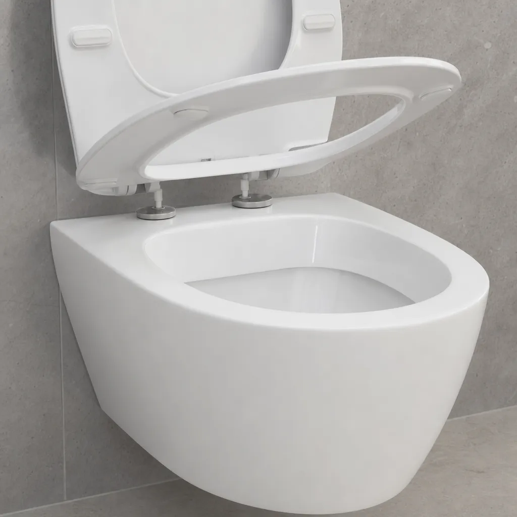 Gros plan sur une cuvette de WC suspendue sans rebord et un siège à démontage rapide