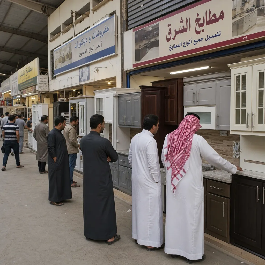 Des clients parcourent un marché local de meubles très animé à Riyad, où sont exposés divers modèles d'armoires de cuisine