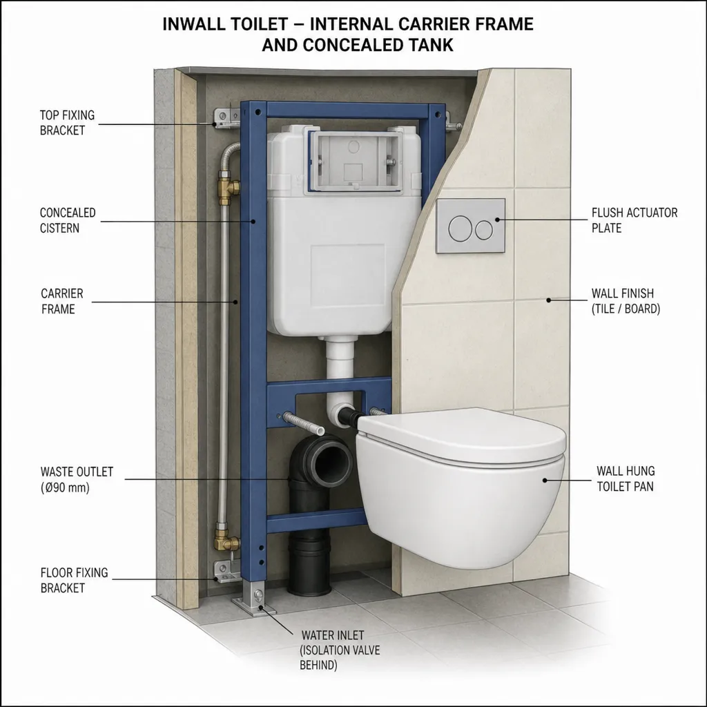 Schéma illustrant le châssis interne et le réservoir dissimulé d'une toilette encastrée