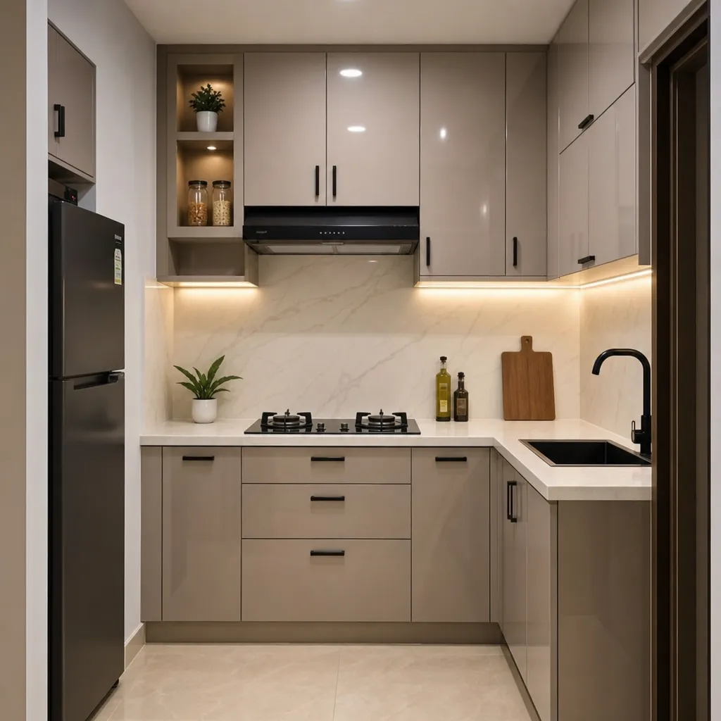 Armoires de cuisine modernes en PVC, conçues pour les petits appartements, avec une finition épurée