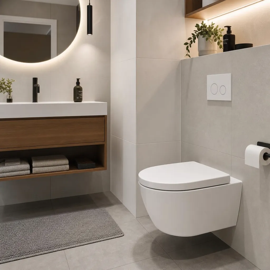 Salle de bains moderne équipée d'un WC suspendu blanc aux lignes épurées