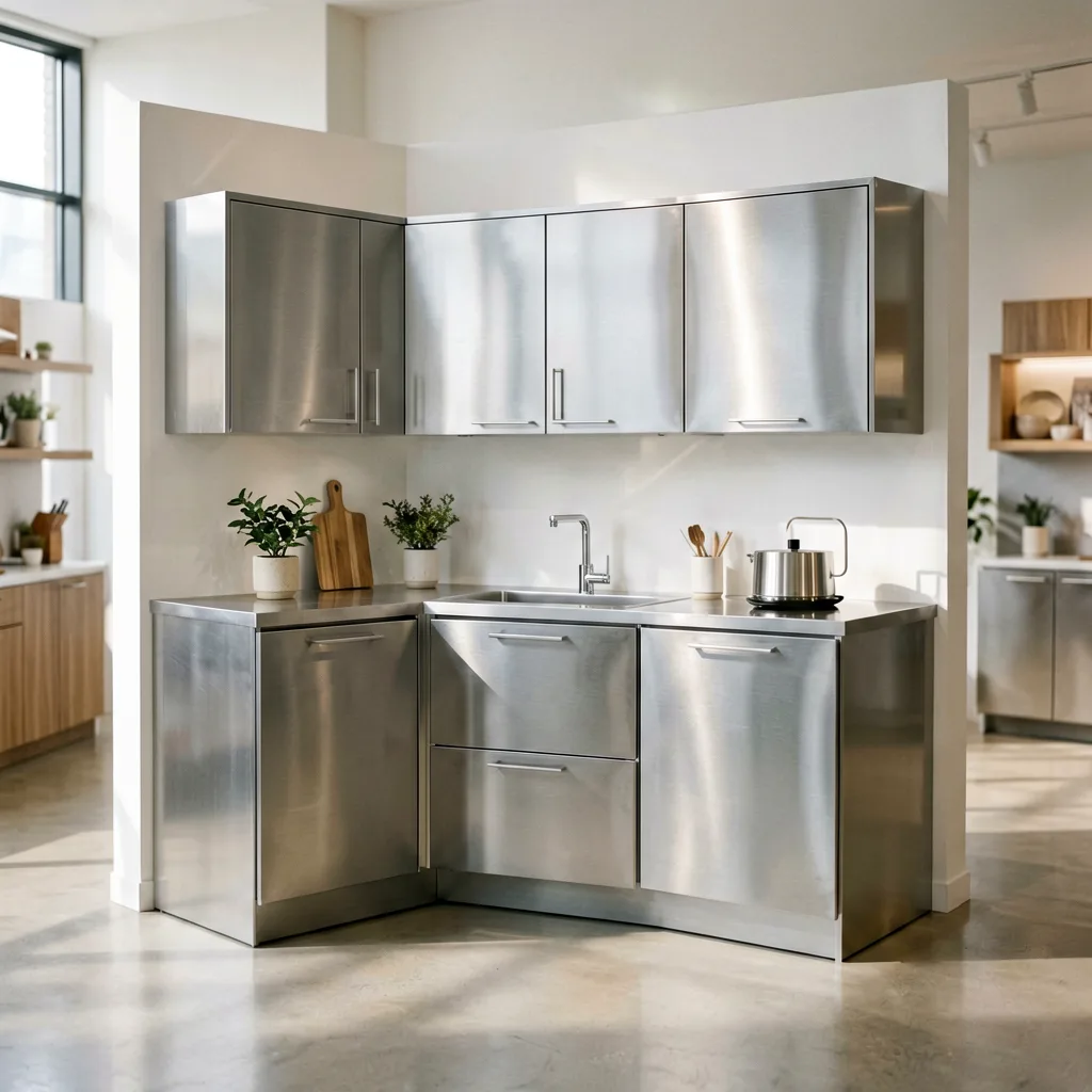 Professional aluminum kitchen cabinets in modern showroom, c