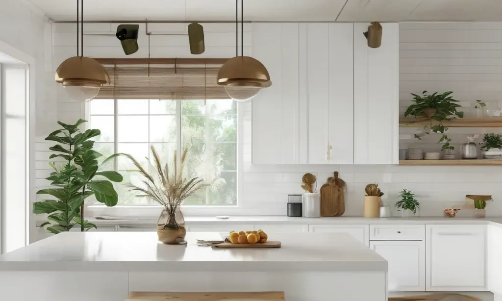 Photo d'une cuisine moderne de style Shaker blanche, avec des éléments de rangement aux finitions bois et peints